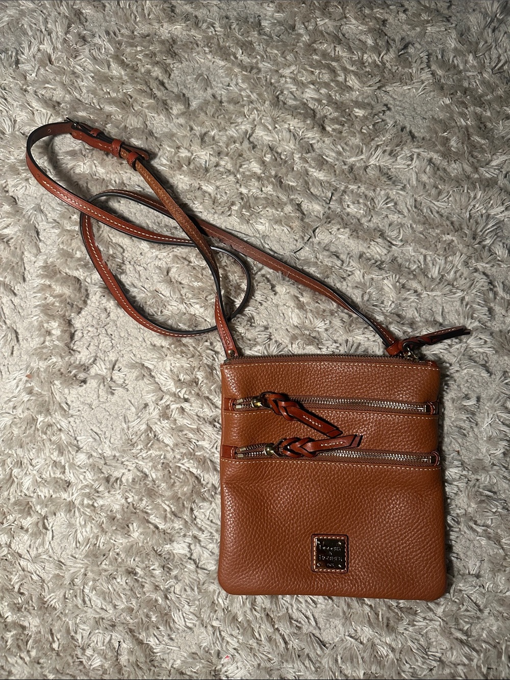 Dooney & Bourke Tan Pebbled Leather Crossbody Pouch with Double Zips
